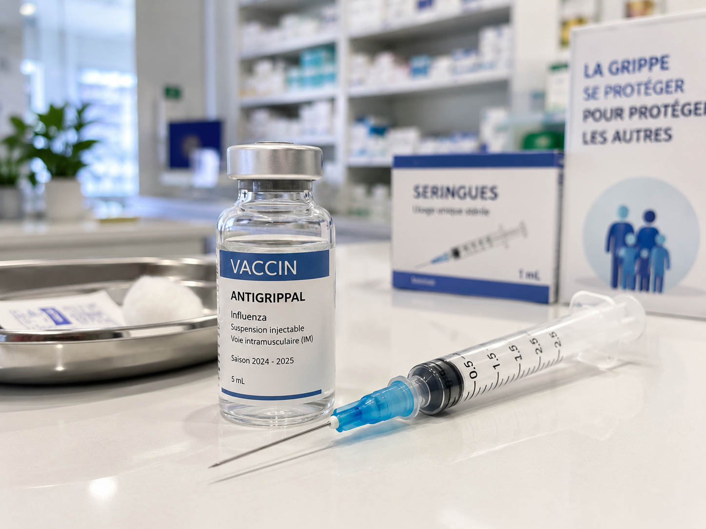 Flacon de vaccin antigrippal et seringue préparés sur un plan de travail de pharmacie