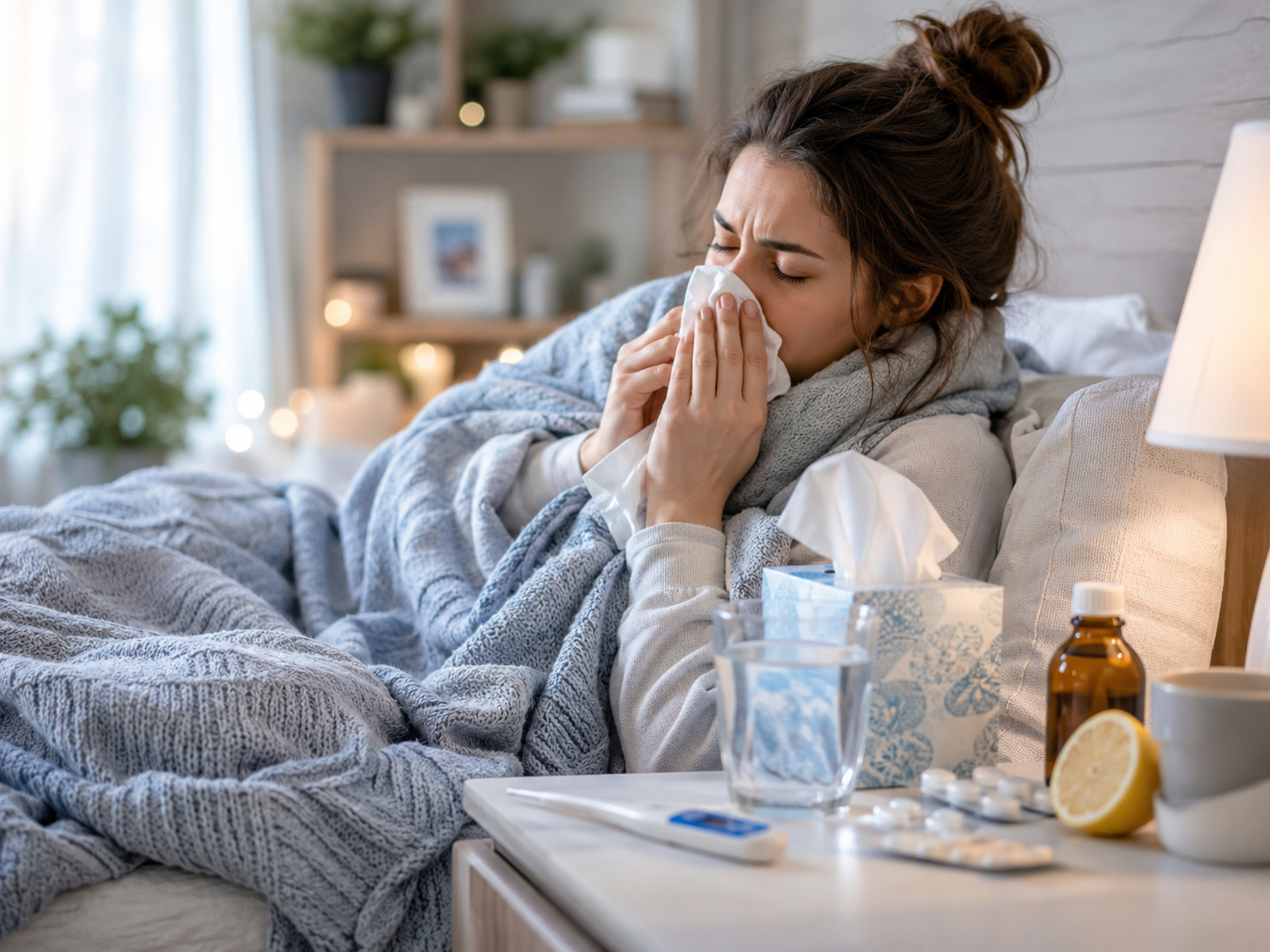 Personne fiévreuse et enrhumée sous une couverture, thermomètre et mouchoirs sur la table de chevet