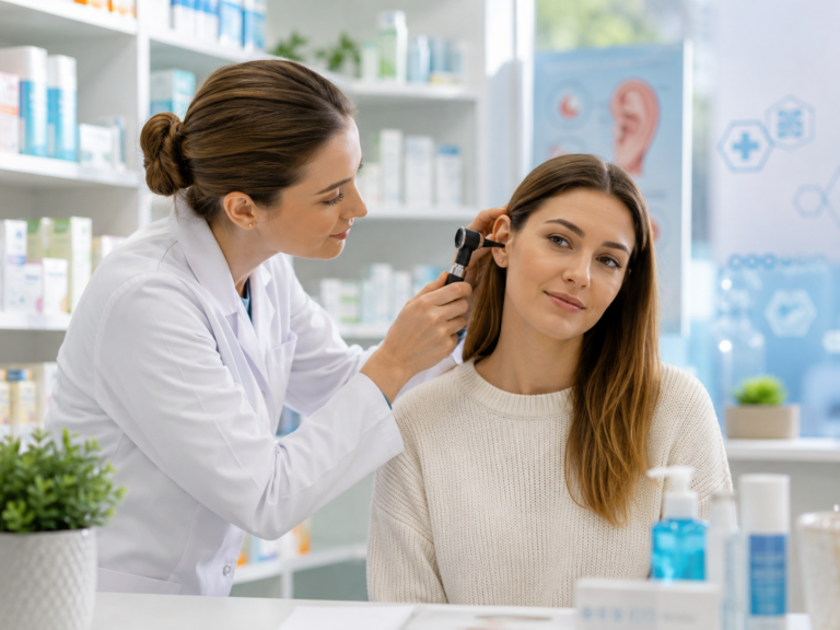 Pharmacien examinant une oreille douloureuse avant un conseil sur le traitement d'une otite