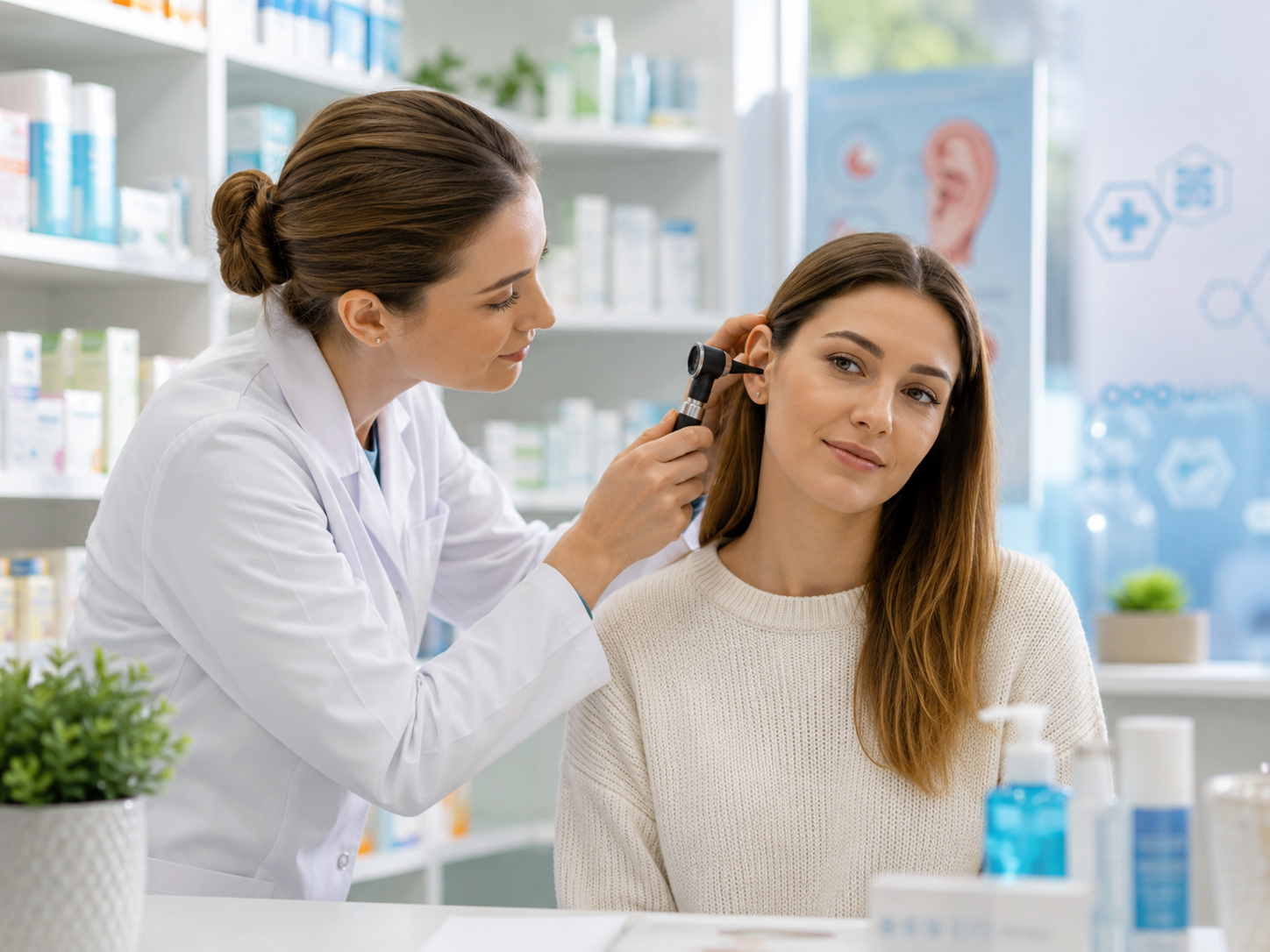 Pharmacien examinant une oreille douloureuse avant un conseil sur le traitement d'une otite