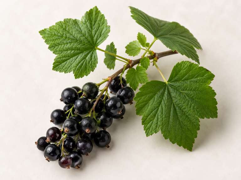 Rameau de cassis (Ribes nigrum) avec feuilles et grappe de baies noires sur fond neutre