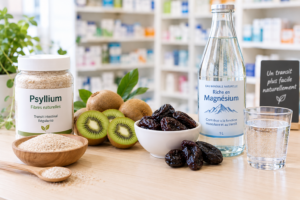 Remèdes naturels contre la constipation : psyllium, kiwis, pruneaux et eau riche en magnésium sur un comptoir de pharmacie