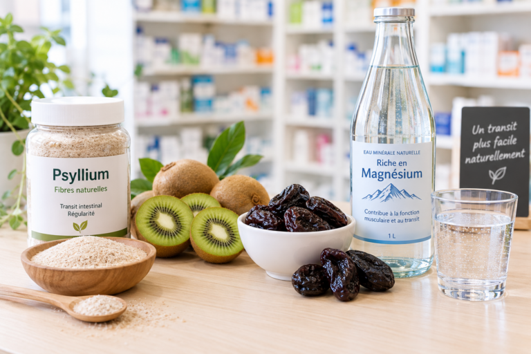 Remèdes naturels contre la constipation : psyllium, kiwis, pruneaux et eau riche en magnésium sur un comptoir de pharmacie