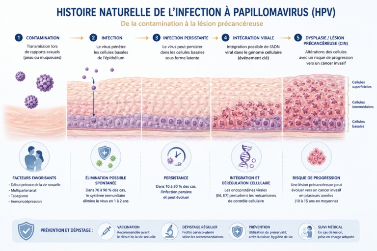 Schéma de l'histoire naturelle de l'infection à papillomavirus, de la contamination à la lésion précancéreuse