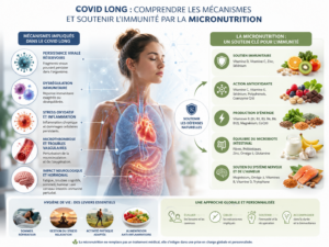 Schéma des mécanismes du COVID long et du rôle de la micronutrition dans l'immunité
