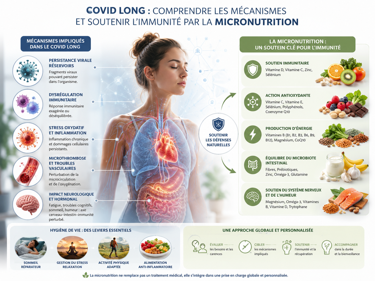 Schéma des mécanismes du COVID long et du rôle de la micronutrition dans l'immunité