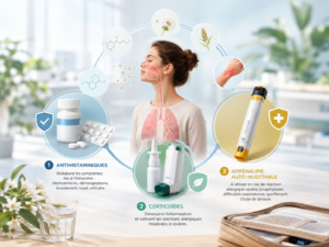Traitement allergie : antihistaminiques, désensibilisation et urgence anaphylactique Schéma illustrant les différentes voies de traitement de l'allergie — antihistaminiques, corticoïdes et adrénaline auto-injectable