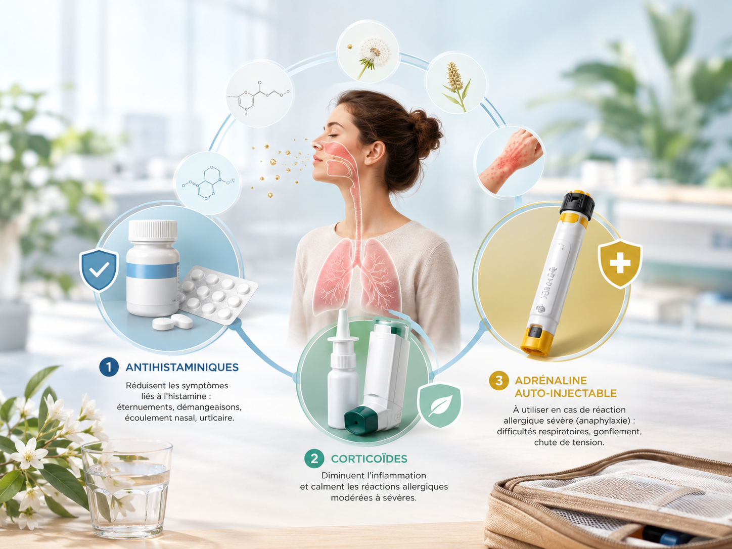 Schéma illustrant les différentes voies de traitement de l'allergie — antihistaminiques, corticoïdes et adrénaline auto-injectable