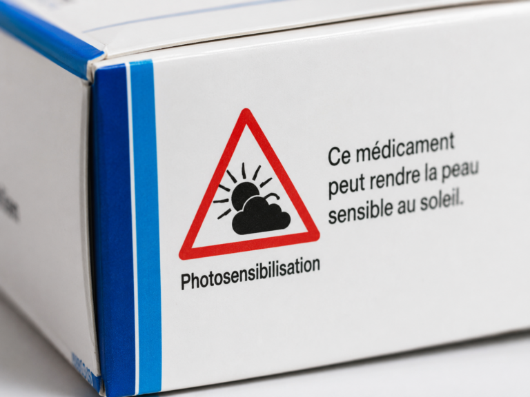 Pictogramme ANSM de photosensibilisation sur une boîte de médicament, triangle rouge avec soleil voil