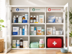 Armoire à pharmacie bien organisée avec compartiments séparés pour adultes, enfants et trousse de premiers secours