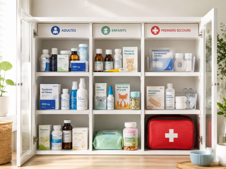 Armoire à pharmacie bien organisée avec compartiments séparés pour adultes, enfants et trousse de premiers secours