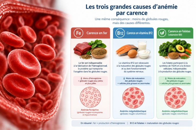 Globules rouges et schéma des trois grandes causes d'anémie par carence : fer, vitamine B12 et folates