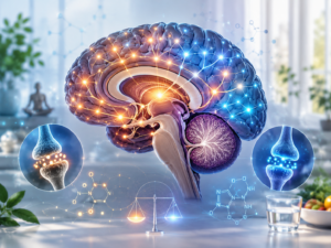 Coupe stylisée d'un cerveau humain avec des synapses illuminées, évoquant l'activité électrique neuronale et l'équilibre entre neurotransmetteurs excitateurs et inhibiteurs