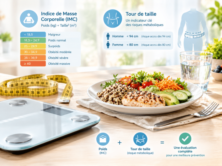 Mètre ruban, balance et assiette équilibrée illustrant l'évaluation du surpoids et de l'obésité par l'IMC et le tour de taille