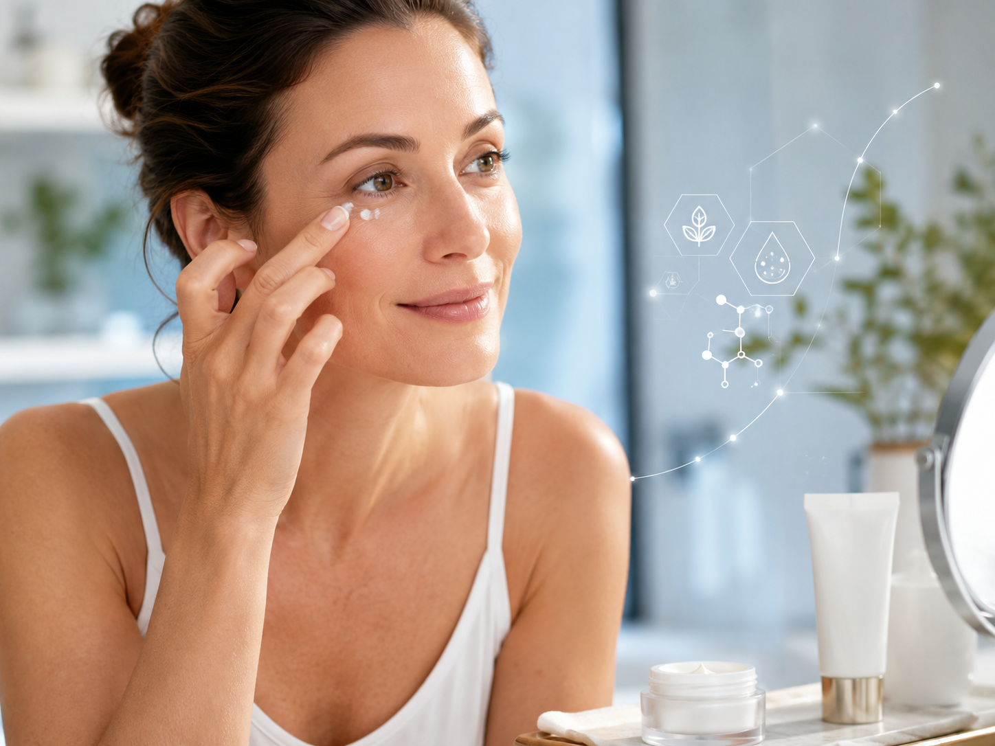 Femme appliquant un soin contour des yeux du bout des doigts