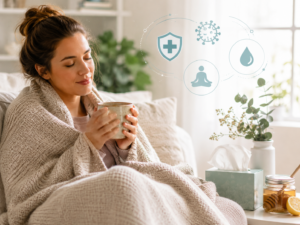 Femme convalescente se reposant sous un plaid avec une tisane, illustrant la phase de récupération après une infection virale