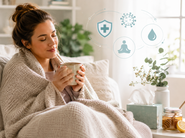 Femme convalescente se reposant sous un plaid avec une tisane, illustrant la phase de récupération après une infection virale