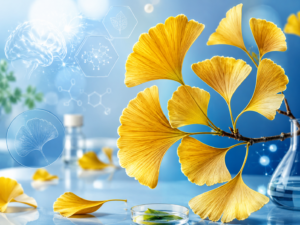 Feuilles de ginkgo biloba en éventail doré sur fond bleu clair, ambiance botanique et scientifique
