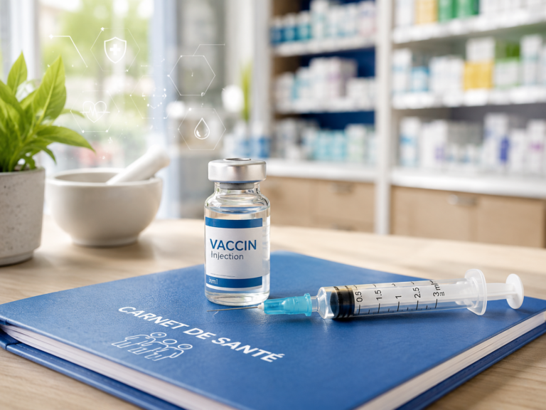 Flacon de vaccin et seringue posés sur un carnet de santé, cabinet de pharmacie