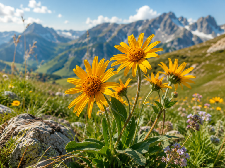 Fleurs jaune-orange d'Arnica montana en prairie de montagne