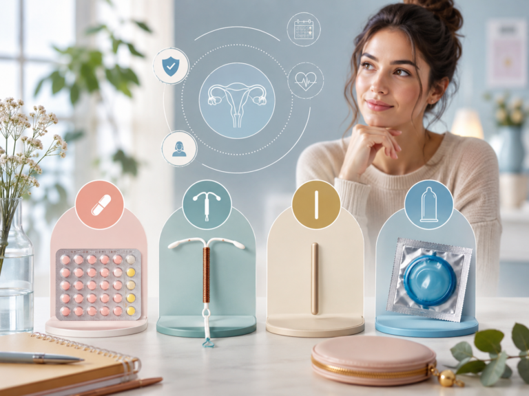 Guide comparatif illustré des méthodes de contraception (pilule, stérilet, implant, préservatif) pour choisir sa contraception
