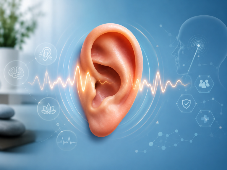 Illustration d'une oreille stylisée avec ondes sonores symbolisant un acouphène, fond bleu doux