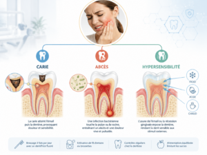 Illustration schématique des causes de douleur dentaire carie, abcès, hypersensibilité