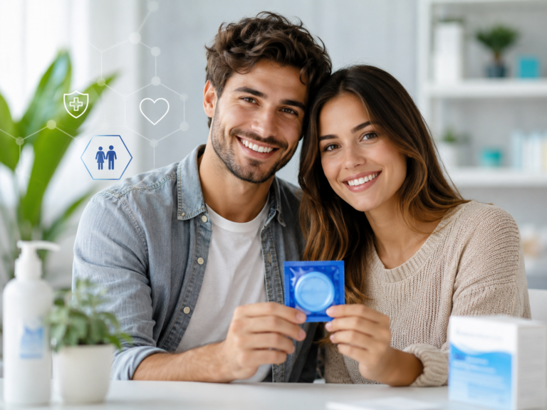 Jeune couple souriant tenant une boîte de préservatifs, symbole de prévention des IST