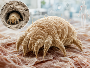 Microphotographie d'un sarcopte Sarcoptes scabiei au microscope électronique, responsable de la gale