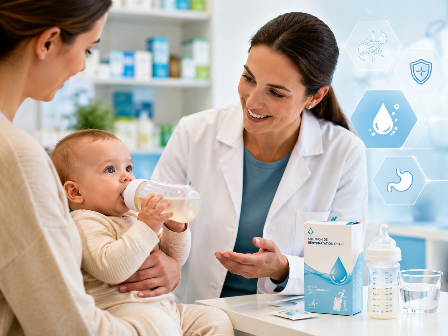 Nourrisson bu buvant une solution de réhydratation orale au biberon, pharmacien conseil