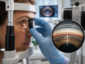 Œil examiné au gonioscope lors d'un dépistage du glaucome