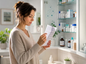Personne lisant la notice d'un médicament devant une armoire à pharmacie