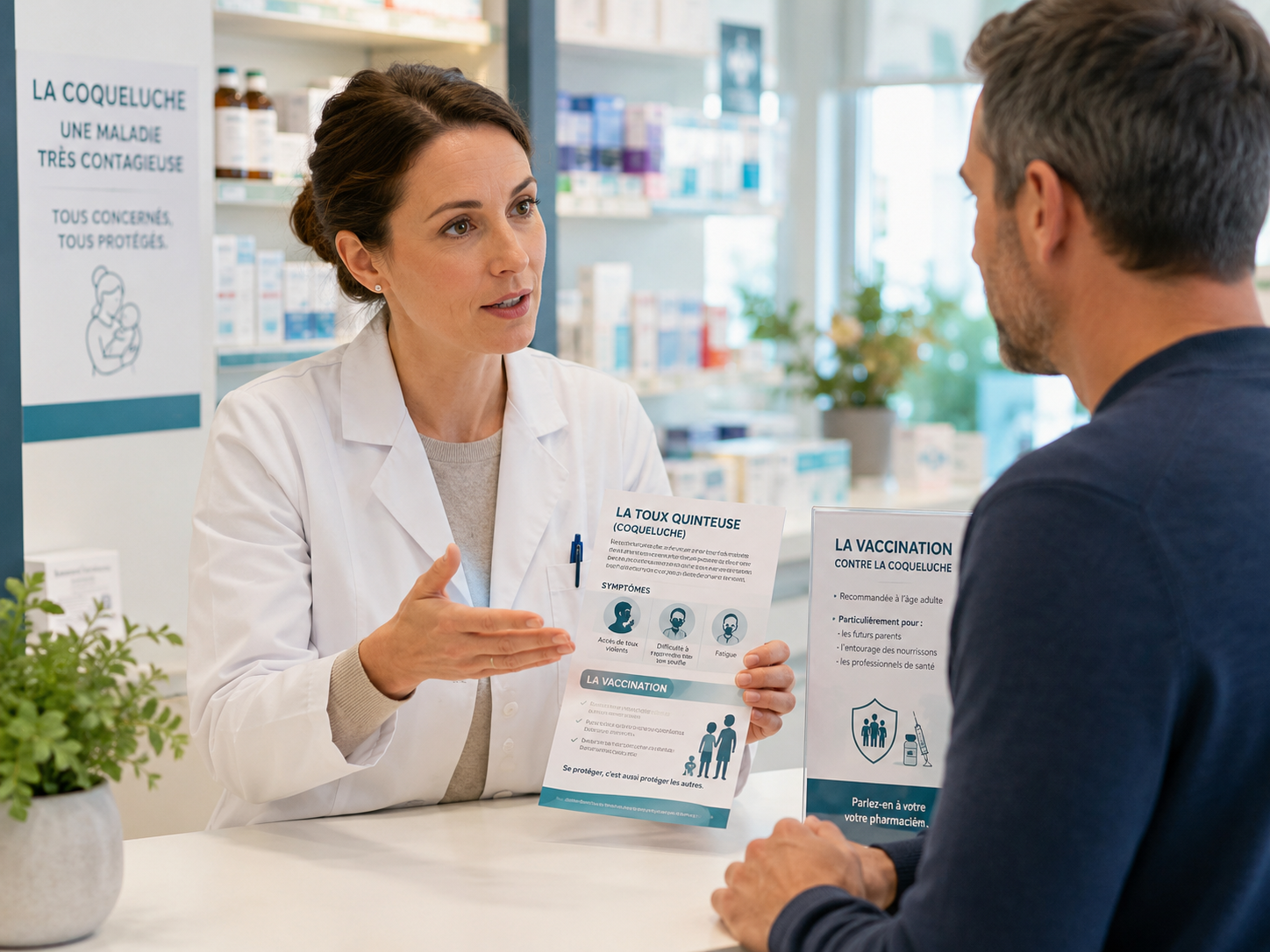 Pharmacienne expliquant à un patient adulte la toux quinteuse et la vaccination contre la coqueluche