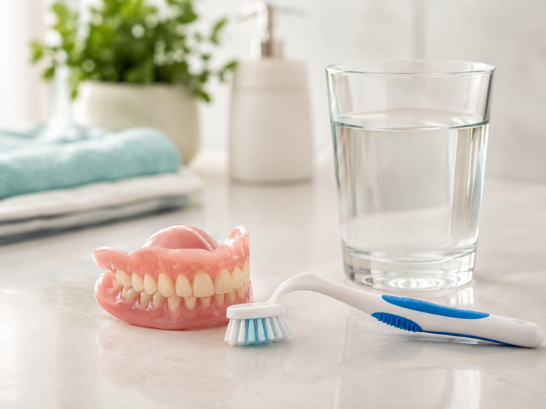 Prothèse dentaire amovible et brosse spécifique posées à côté d'un verre d'eau