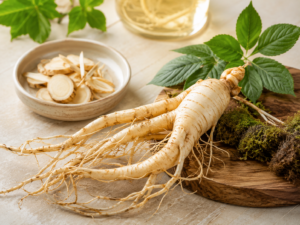 Racine de ginseng (Panax ginseng) fraîche présentée sur un plan de travail