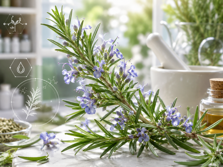 Rameau de romarin en fleurs (Rosmarinus officinalis), plante aromatique de la famille des Lamiacées