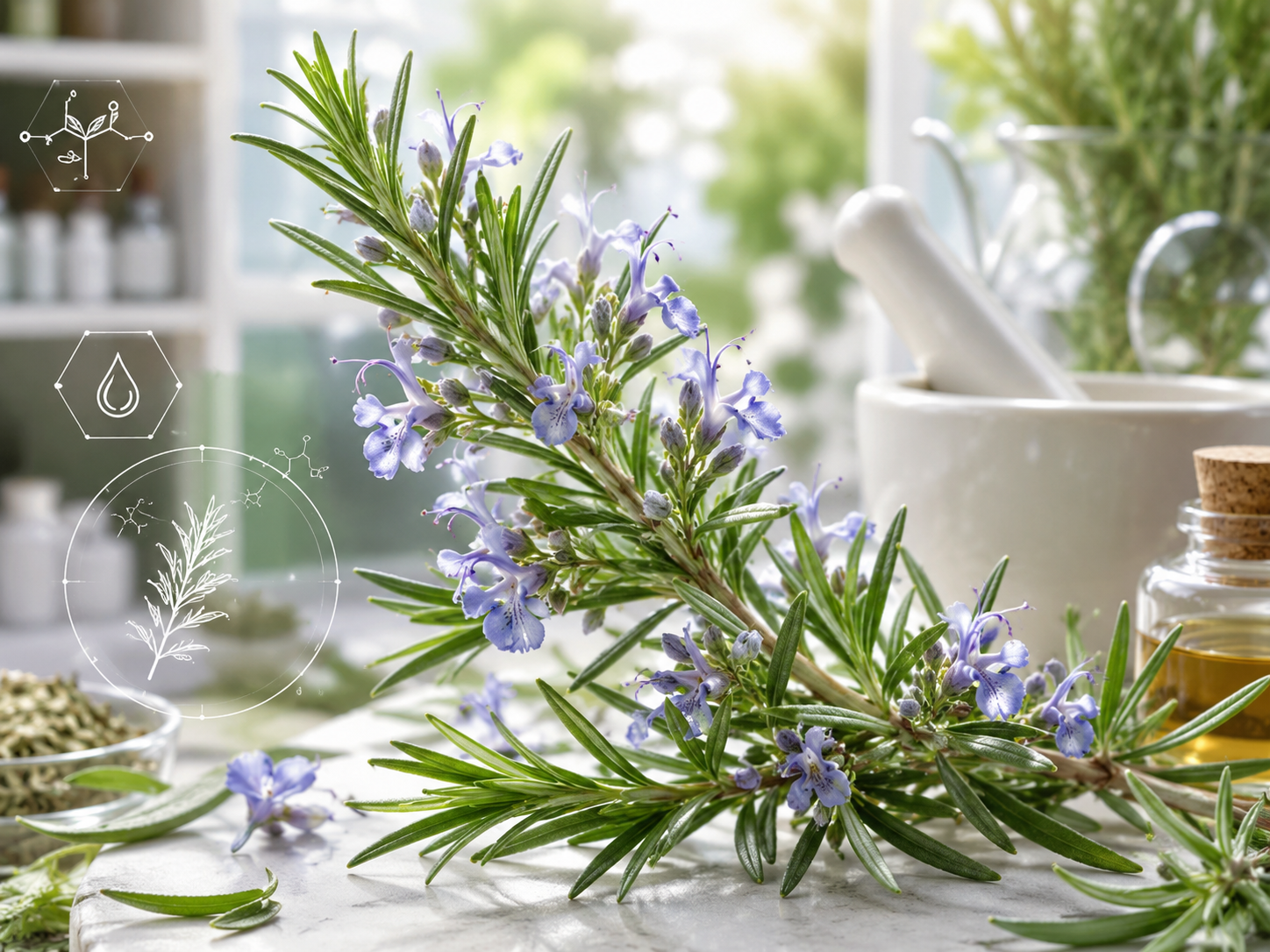 Rameau de romarin en fleurs (Rosmarinus officinalis), plante aromatique de la famille des Lamiacées