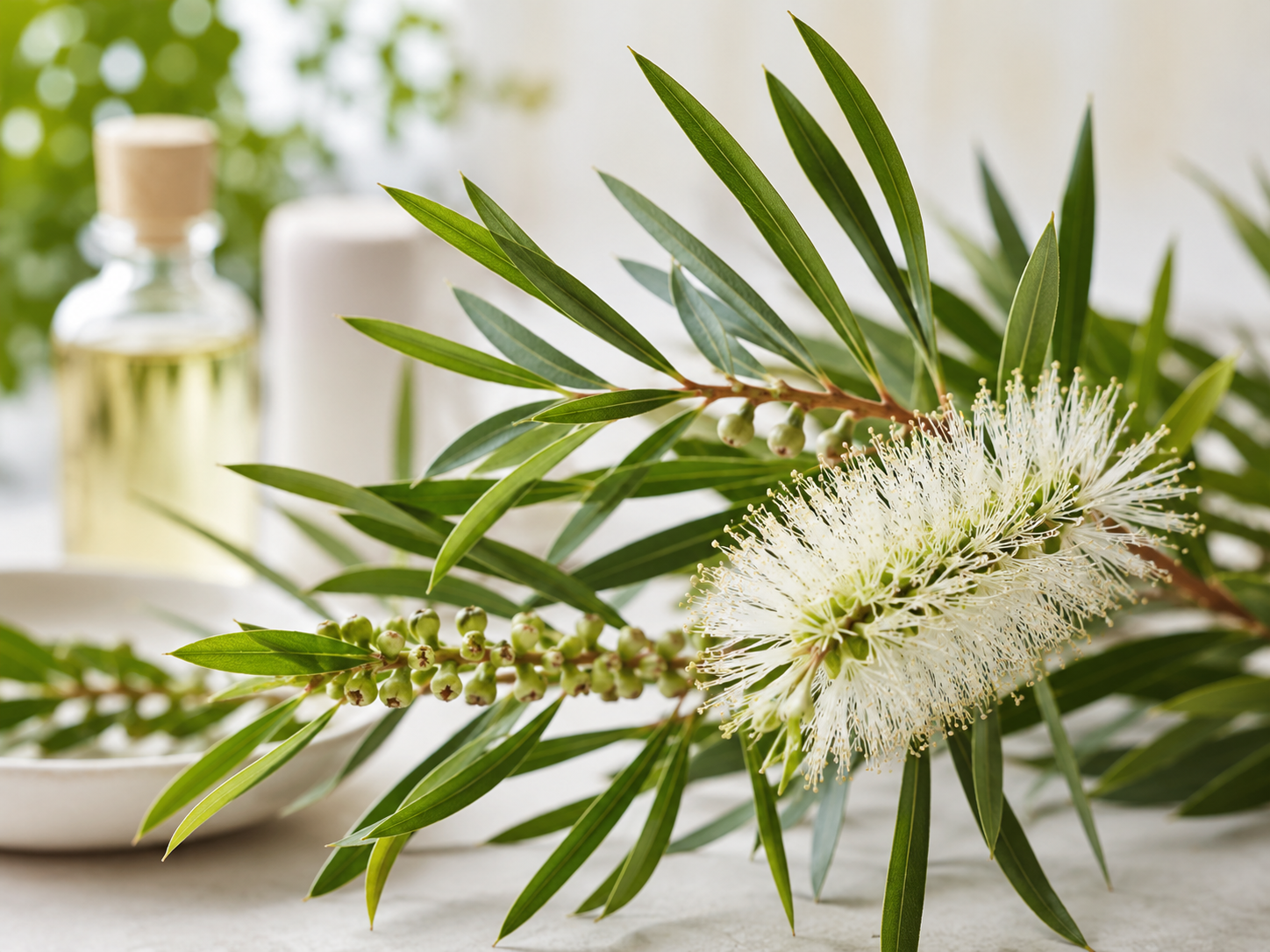 Rameau et feuilles de Melaleuca quinquenervia (niaouli), arbuste dont on distille l'huile essentielle