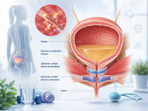 Schéma anatomique de la vessie et du sphincter urinaire illustrant les mécanismes de la continence