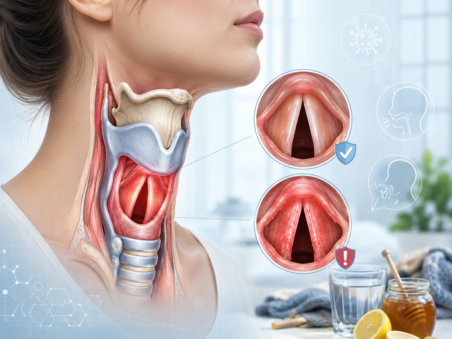 Schéma anatomique du larynx illustrant l'inflammation des cordes vocales lors d'une laryngite