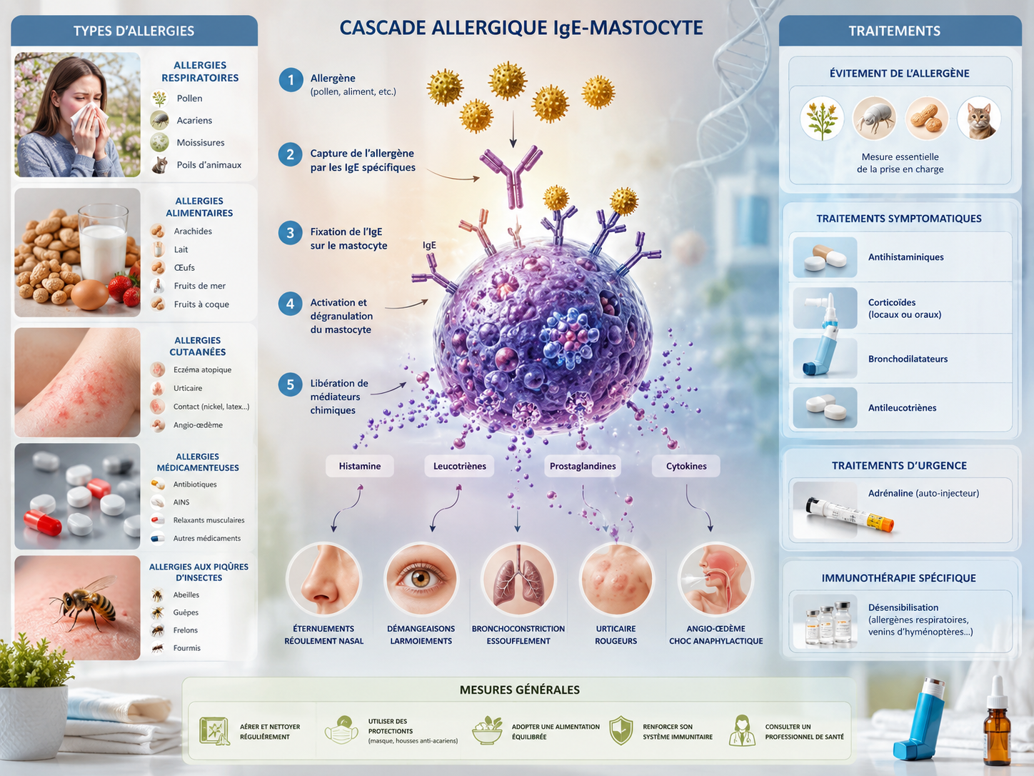 Schéma de la cascade allergique IgE-mastocyte avec les types d'allergies et leurs traitements