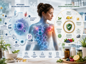 Schéma des mécanismes des maladies auto-immunes et des leviers de micronutrition au comptoir