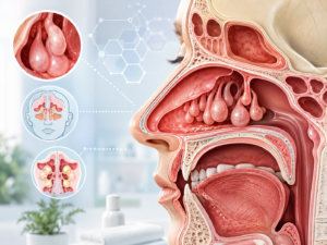Schéma d'une cavité nasale avec polypes obstruant les sinus, vu en coupe