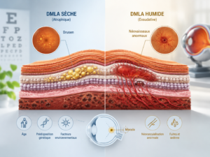 Schéma en coupe de la macula montrant les drusen (DMLA sèche) et les néovaisseaux (DMLA humide)