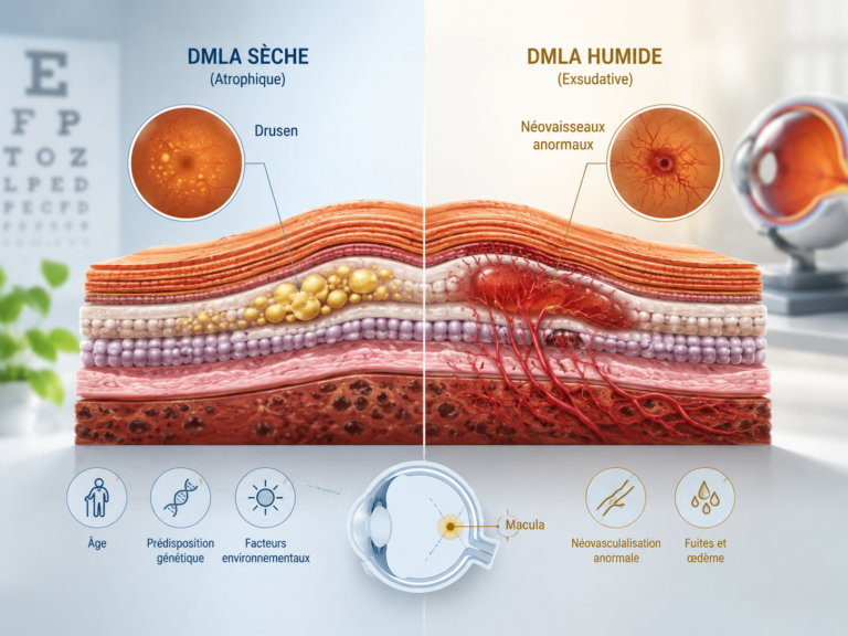 Schéma en coupe de la macula montrant les drusen (DMLA sèche) et les néovaisseaux (DMLA humide)