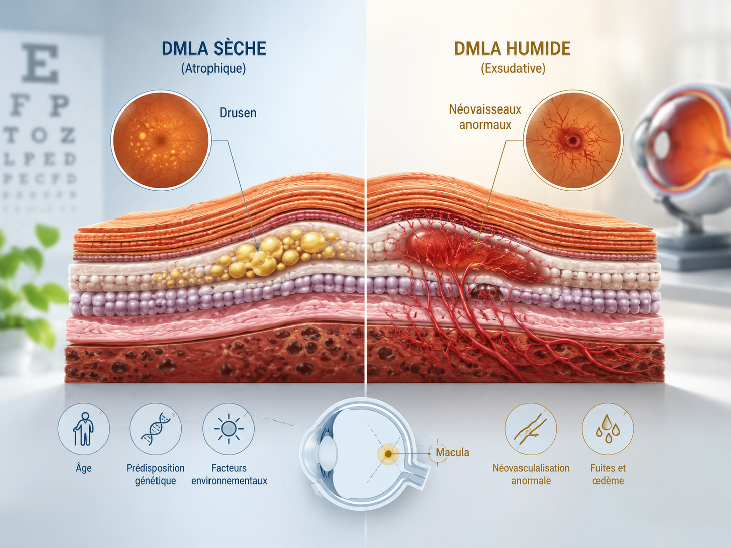 Schéma en coupe de la macula montrant les drusen (DMLA sèche) et les néovaisseaux (DMLA humide)
