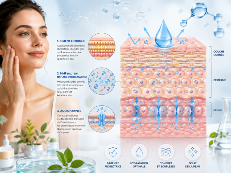 Schéma illustrant les mécanismes d'hydratation de la peau : ciment lipidique, NMF et aquaporines
