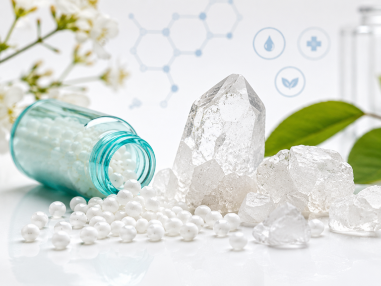 Silicea homéopathie - granules et cristaux de silice sur fond blanc