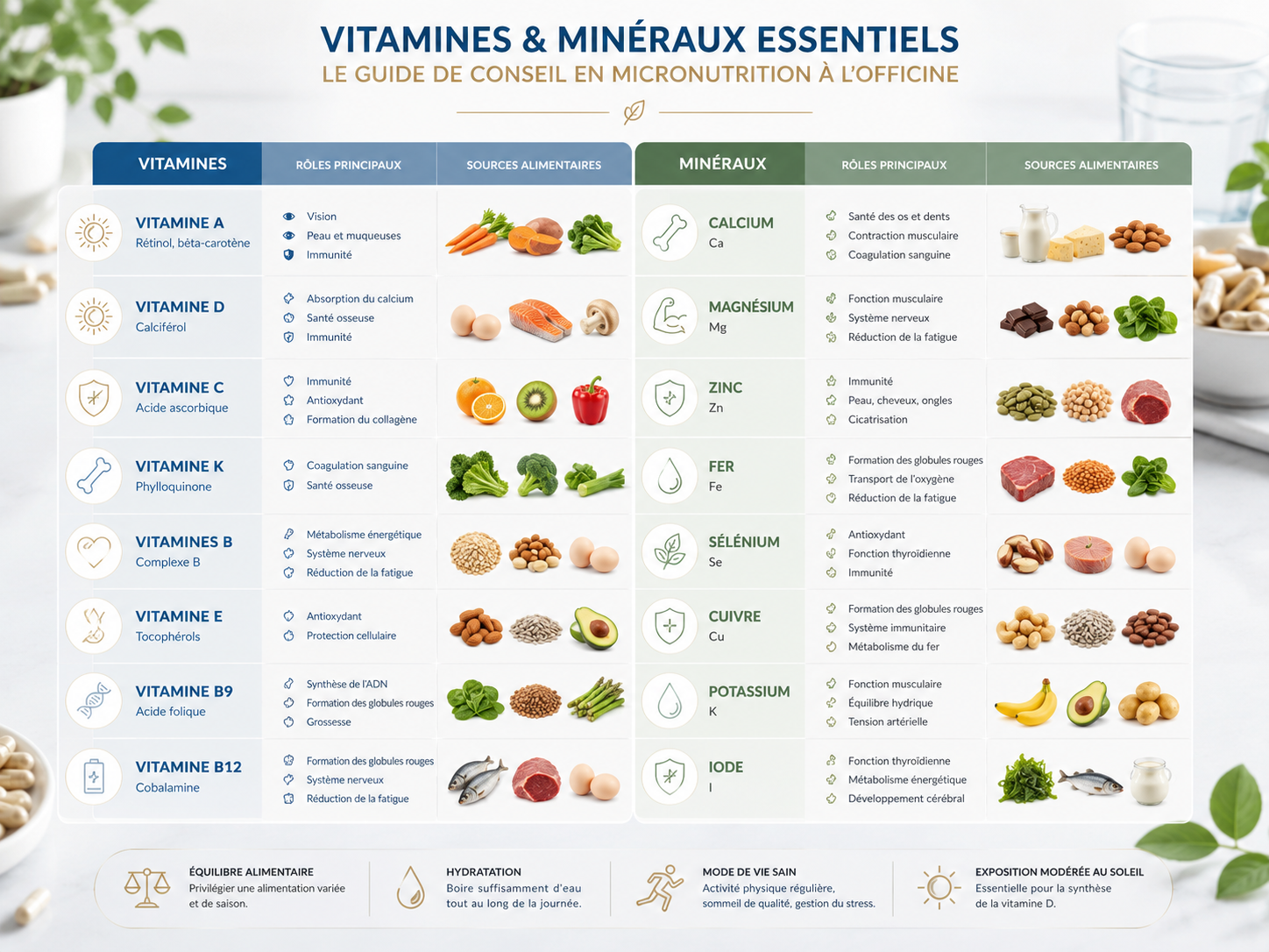 Tableau des vitamines et minéraux essentiels pour le conseil en micronutrition à l'officine