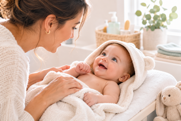 Bébé enveloppé dans une sortie de bain, allongé sur une table à langer, regardant sa maman avec amour. Ambiance douce et rassurante